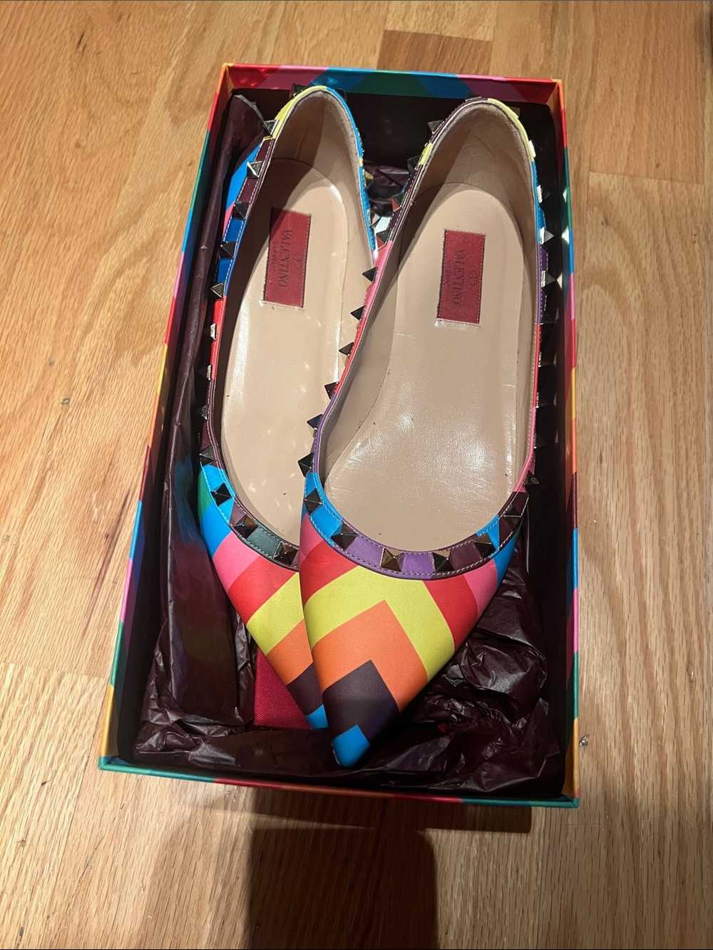 Valentino Garavani Multicolor Chevron Pointed Studded Flats
